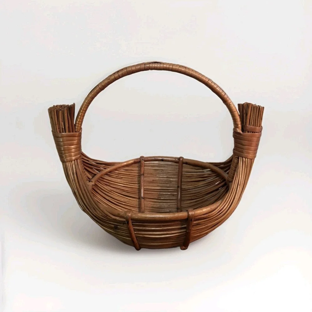 Vintage MCM Handmade Bamboo and Rattan Boat Shaped Fruit Basket With Handle